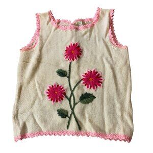 Vintage Monrose Spencer Hand Loomed Wool Floral Tank Top With Pink Crochet Trim